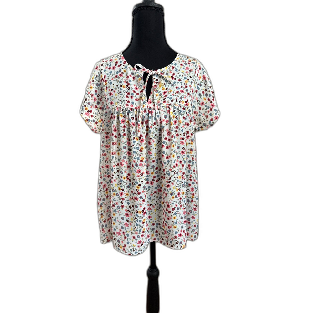 Women's Small Cream Floral Flowy Gap Cap Sleeve Blouse